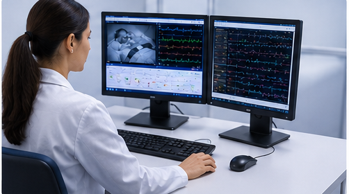 Sleep study technician monitoring diagnostic equipment